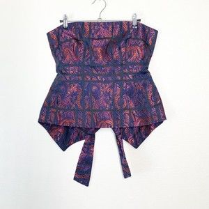 Intermix Ciara Strapless Tube Top L Brocade Black Orange Blue Waist Tie